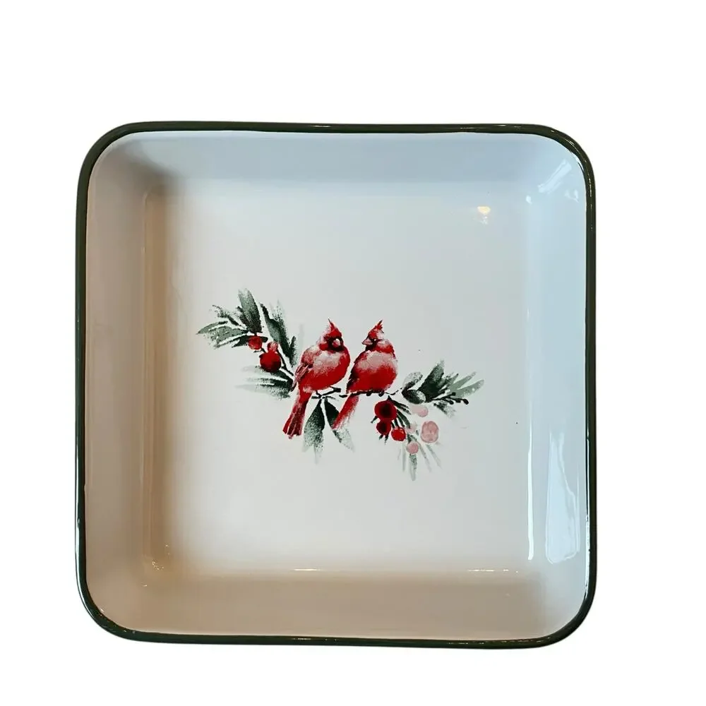 Laura Ashley Tartan Cardinals Ceramic Baker 9in Square Christmas Plaid NEW
